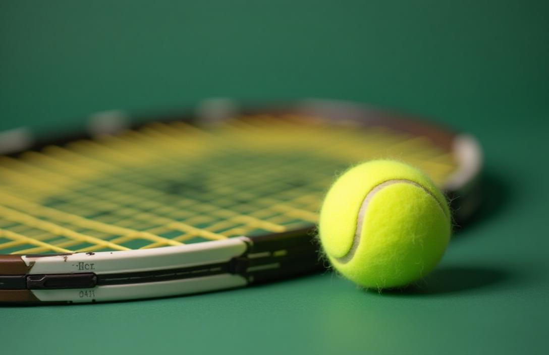 Close up of a tennis racket and ball